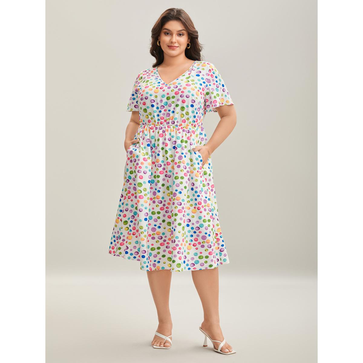 Plus Size Polka Dots Print Pockets V-Neck Midi Dress Originalwhite Women V-neck Short sleeve Curvy BloomChic 14-16/1X Product Image