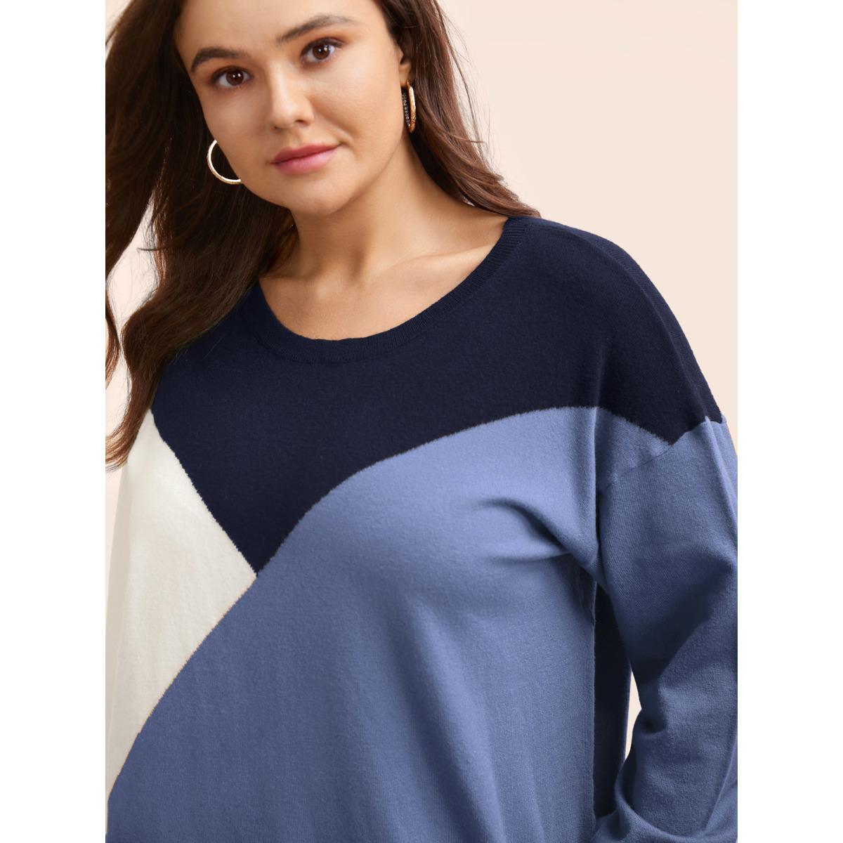 Plus Size Supersoft Essentials Colorblock Contrast Pullover Indigo Women Casual Long Sleeve Round Neck Everyday Pullovers BloomChic 28/5X Product Image