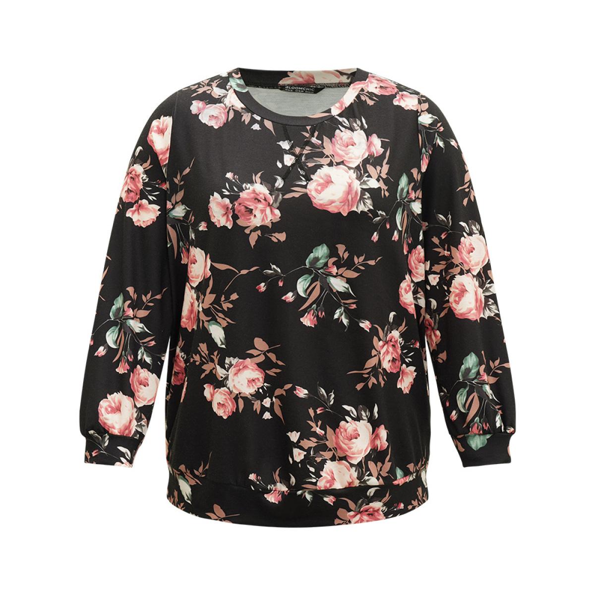 Plus Size Floral Print Round Neck Sweatshirt Women Multicolor Casual Elastic cuffs Round Neck Dailywear Sweatshirts BloomChic 10/M Product Image