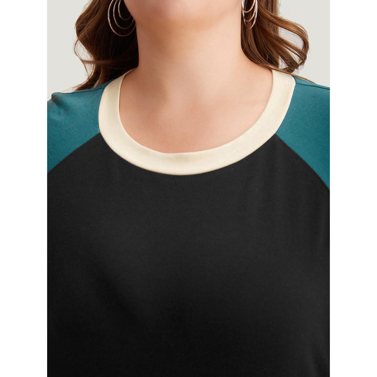 Plus Size Colorblock Contrast Raglan Sleeve Sweatshirt Women Black Casual Elastic cuffs Round Neck Dailywear Sweatshirts BloomChic 26/4X Product Image
