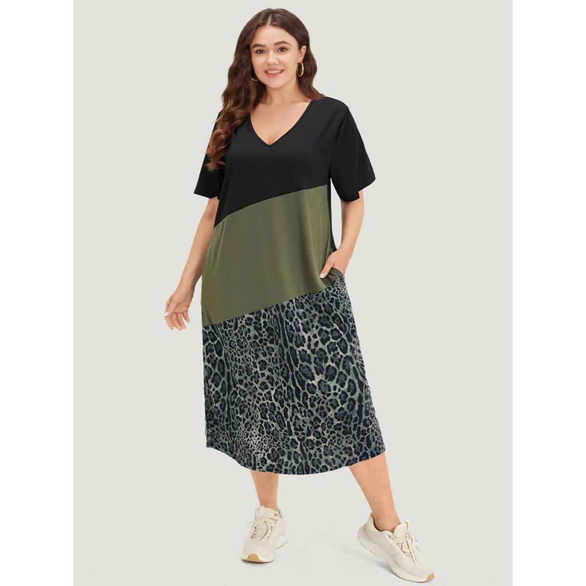 Plus Size Supersoft Essentials Leopard Patchwork Contrast Pocket Split Hem Dress Black Women Casual Patchwork V-neck Short sleeve Curvy Midi Dress BloomChic 28/5X Product Image
