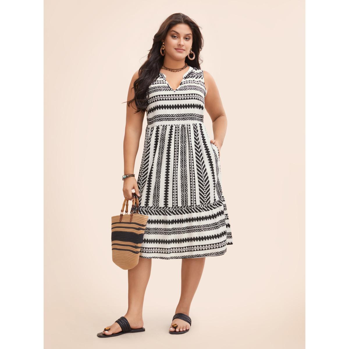 Plus Size Striped Geometric Pocket Ruffle Hem Sleeveless Tank Dress Ivory Women Casual Non V-neck Sleeveless Curvy BloomChic 12/L Product Image