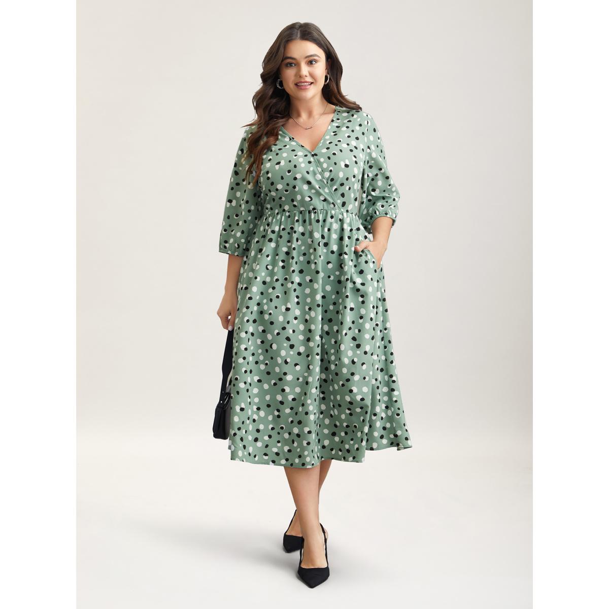 Plus Size Dots Print Surplice Neck Midi Dress Greenbean Women At the Office Non Overlap Collar Elbow-length sleeve Curvy BloomChic 26/4X Product Image
