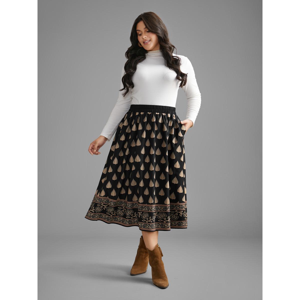 Plus Size Boho Print Elastic Waist Pocket Skirt Women BlackFlower Elegant Contrast Low stretch Slanted pocket Everyday Skirts BloomChic 10/M Product Image