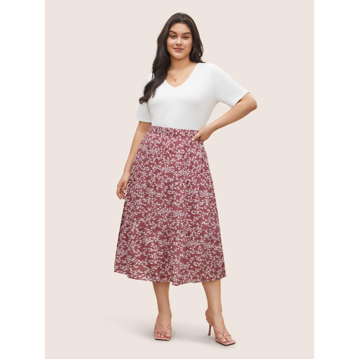 Plus Size Ditsy Floral Elastic Waist Pocket Skirt Women DustyPink Elegant Non No stretch Slanted pocket Everyday Skirts BloomChic 26/4X Product Image