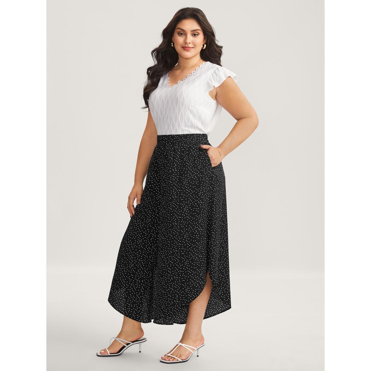 Plus Size Little Dots Asymmetrical Hem Slit Pants Women Black Elegant Wide Leg Mid Rise Everyday-Elegant Pants BloomChic 22-24/3X Product Image