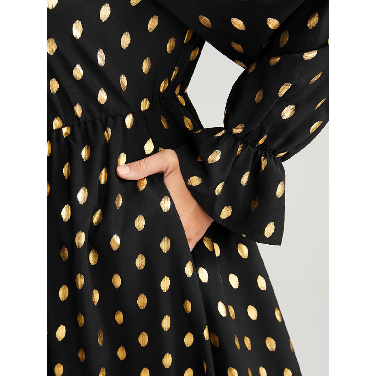 Plus Size Polka Dot Lantern Sleeve Pocket Lace Trim Midi Dress Black Women Party Lace V-neck Long Sleeve Curvy Midi Dress BloomChic 26/4X Product Image