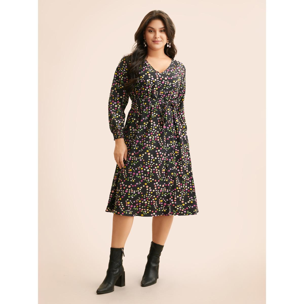 Plus Size Polka Dot Shirred Belted Split Hem Dress Black Women Elegant Belted V-neck Long Sleeve Curvy BloomChic 14-16/1X Product Image