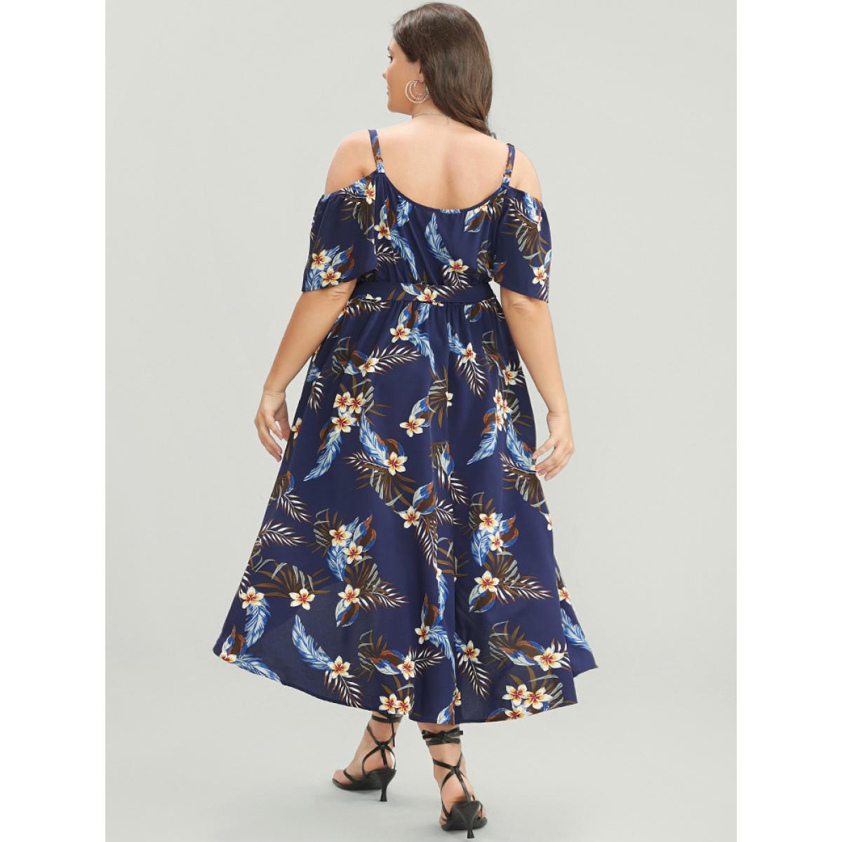 Plus Size Floral Cold Shoulder Pocket Ruffle Belted High Low Hem Dress DarkBlue Women Vacation Adjustable Straps Cold Shoulder Short sleeve Curvy Midi Dress BloomChic 10/M Product Image