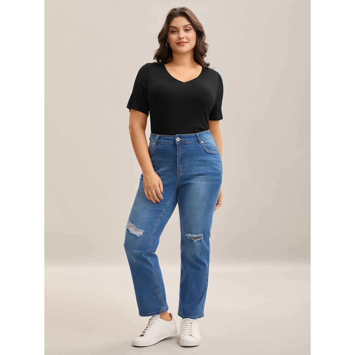 Plus Size Supersoft Fitted V-Neck T-Shirt Black Women Leisure Non V-neck Casual T-shirts BloomChic 30/6X Product Image