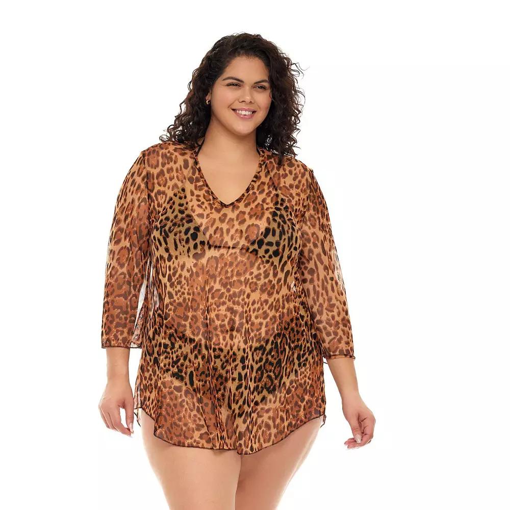Plus Size Jordan Taylor Animal Print Bell-Sleeve Swim Cover-Up Tunic, Women's, Size: 1XL, Leopard Product Image