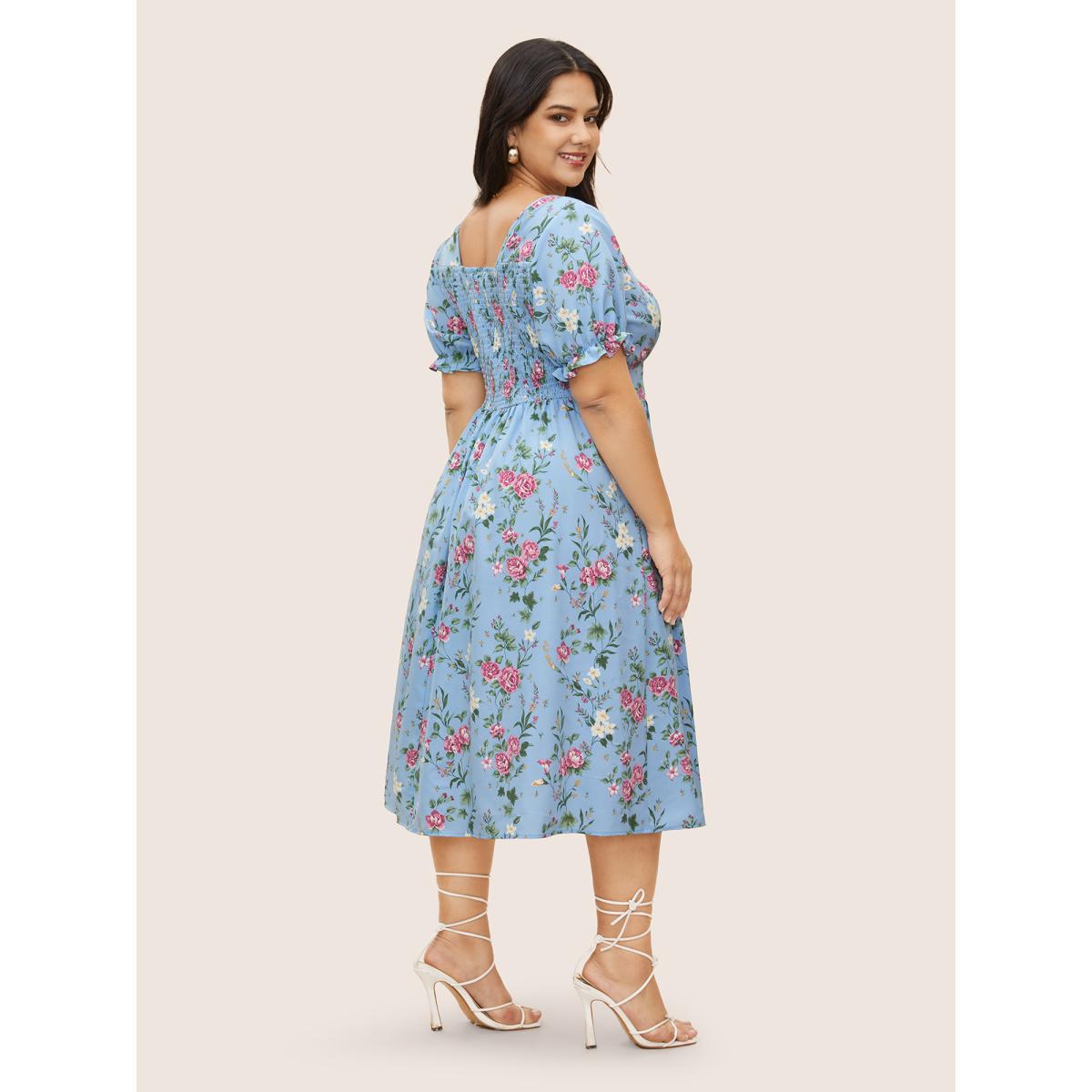 Plus Size Floral Heart Neckline Shirred Lantern Sleeve Dress LightBlue Women Elegant Gathered Heart neckline Short sleeve Curvy Midi Dress BloomChic 12/L Product Image