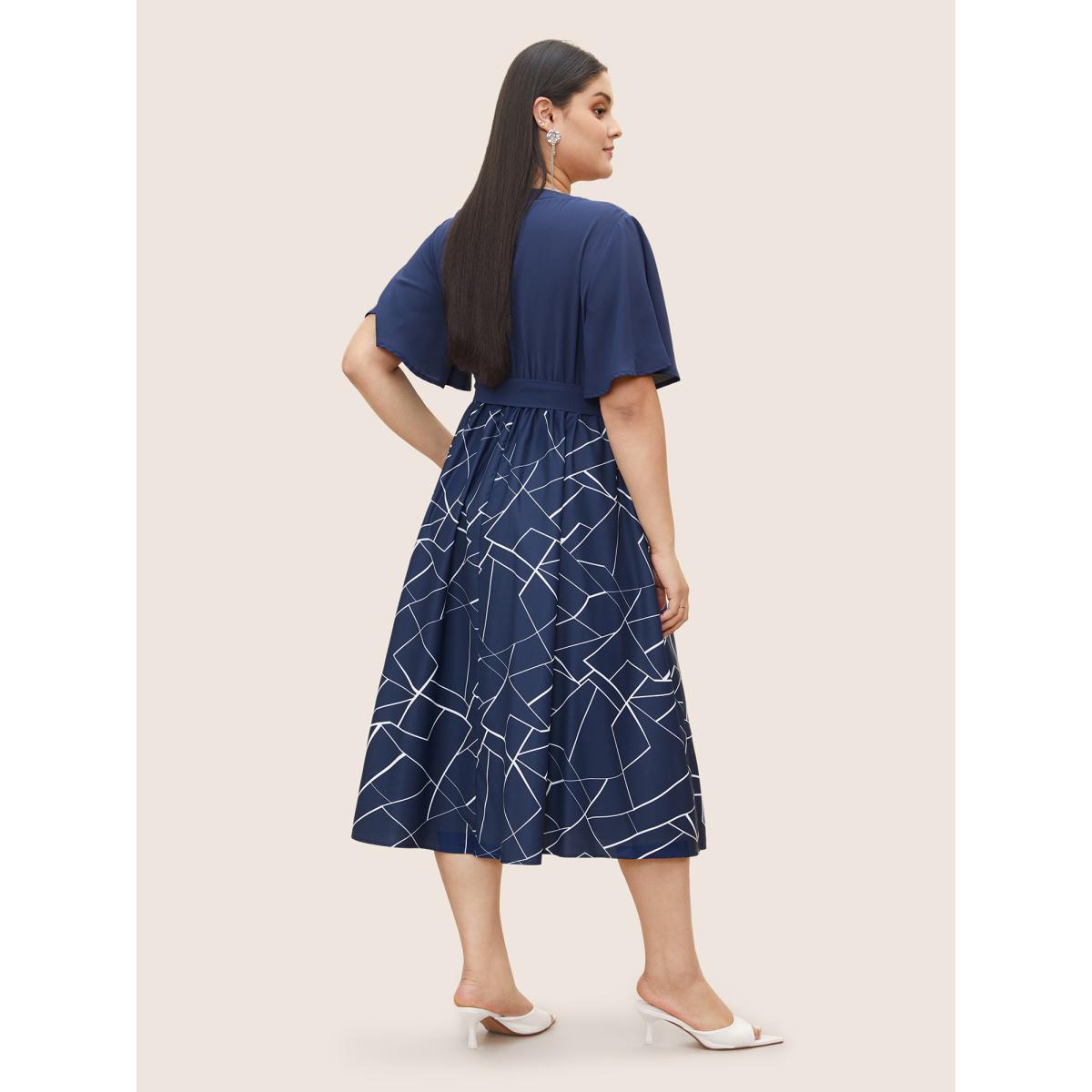 Plus Size Geometric Flat Collar With V Notch Belted Dress Indigo Women At the Office Belted Flat collar with V-notch Short sleeve Curvy Midi Dress BloomChic 18-20/2X Product Image