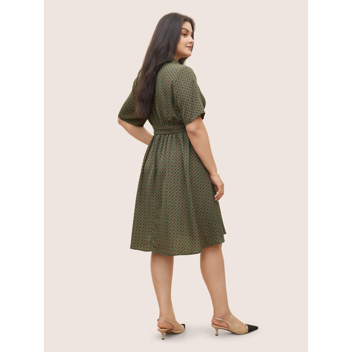 Plus Size Geometric Print Polo Neck Belted Dress Moss Women At the Office Belted Polo Short sleeve Curvy Midi Dress BloomChic 18-20/2X Product Image