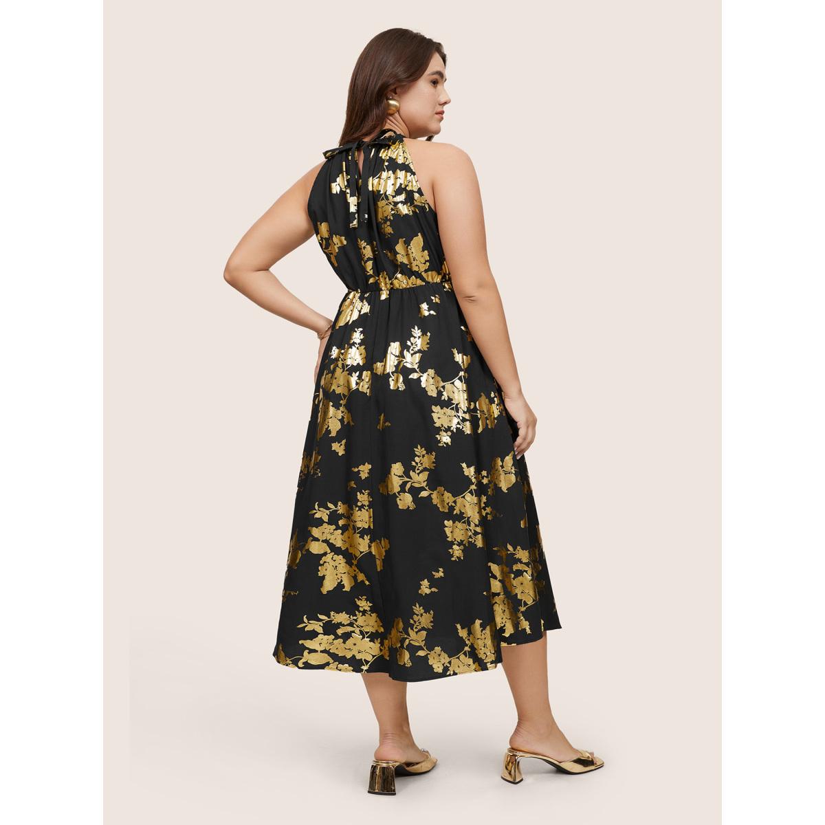 Plus Size Glitter Pocket Halter Keyhole Midi Dress Black Women Glamour Printed Round Neck Sleeveless Curvy Midi Dress BloomChic 10/M Product Image