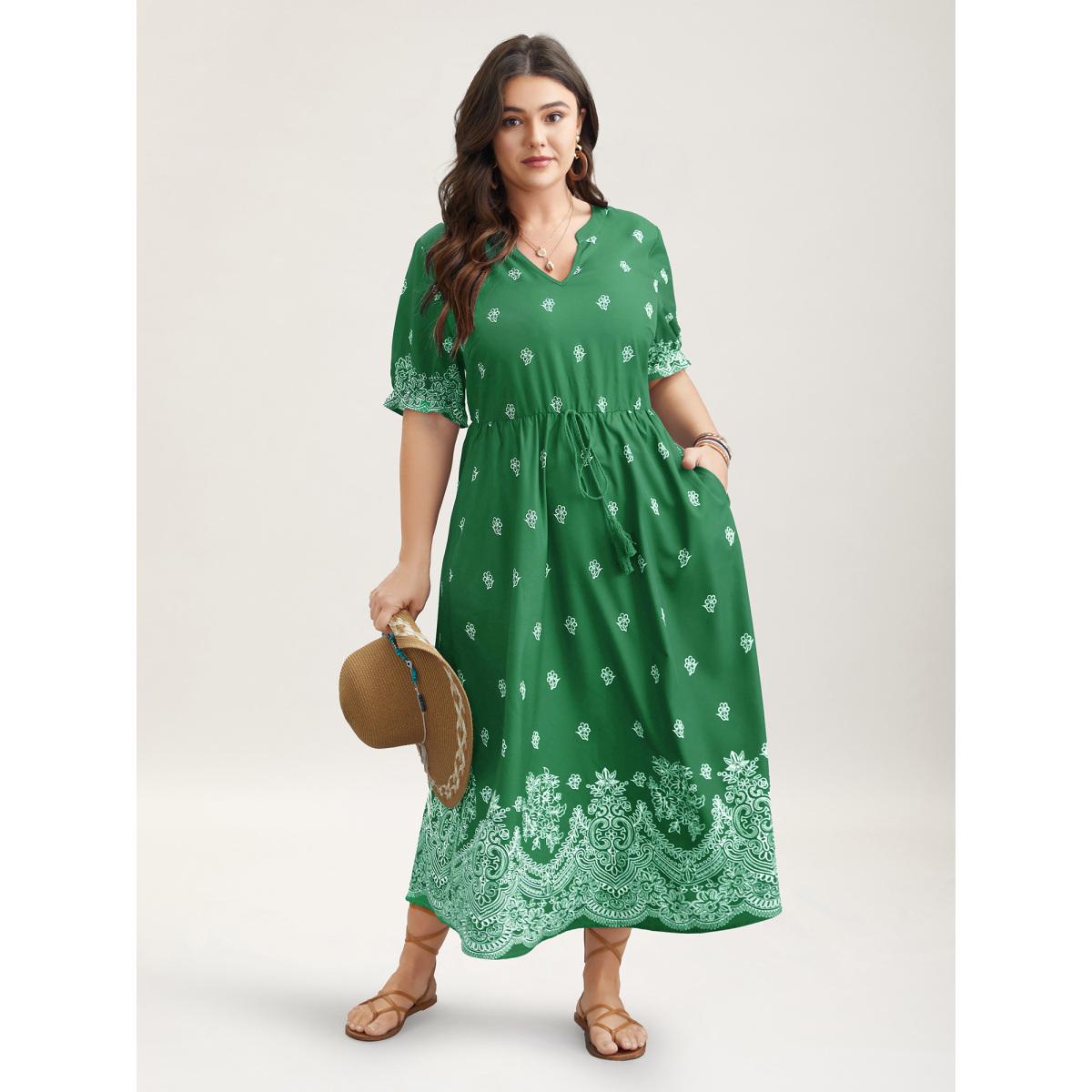 Plus Size Floral Waist-Tie Notched Collar Midi Dress Emerald Women Resort Ruffles Notched collar Half Sleeve Curvy BloomChic 18-20/2X Product Image