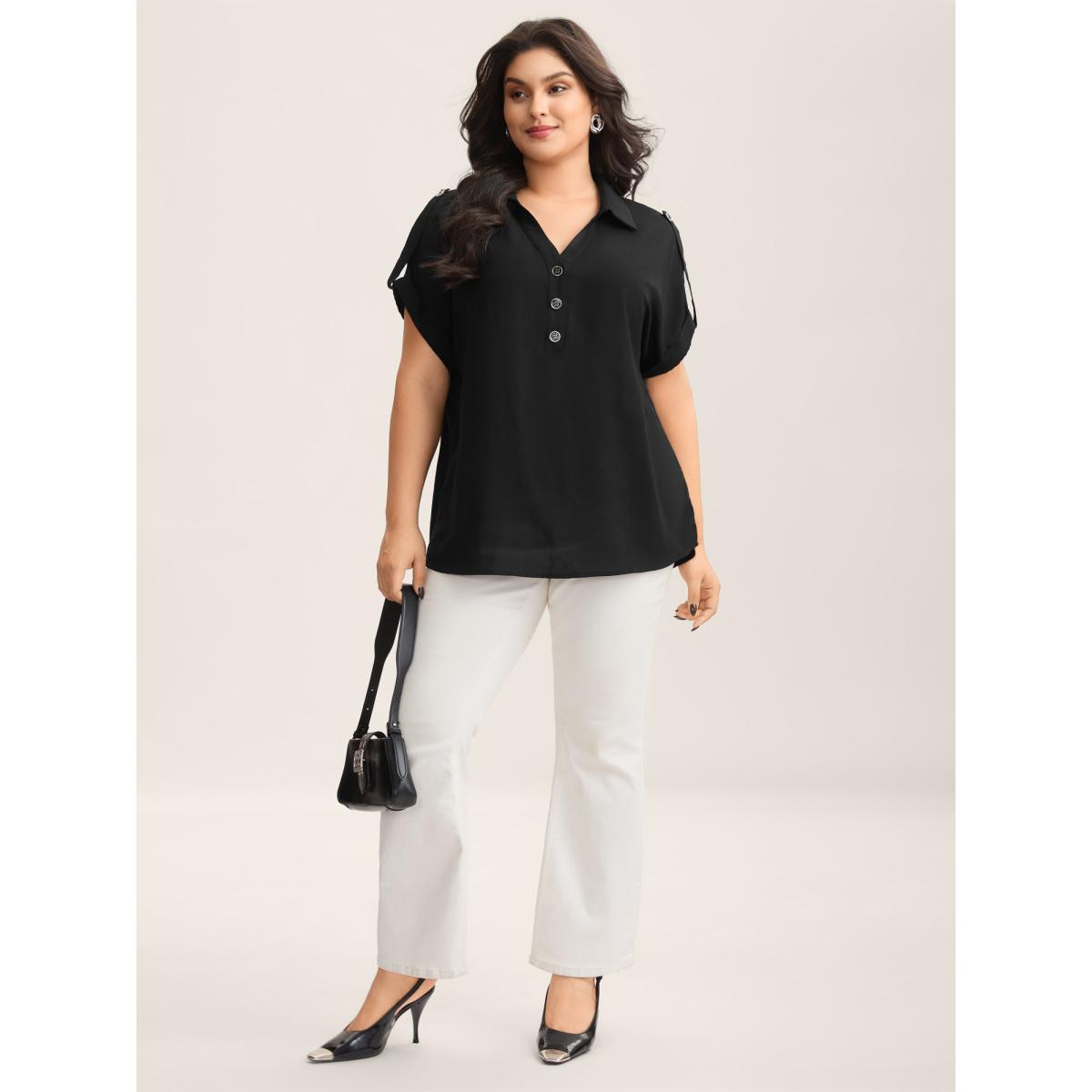Plus Size Black Button Placket Tab Sleeve Blouse Women Short sleeve Shirt collar Work Blouses BloomChic 14-16/1X Product Image