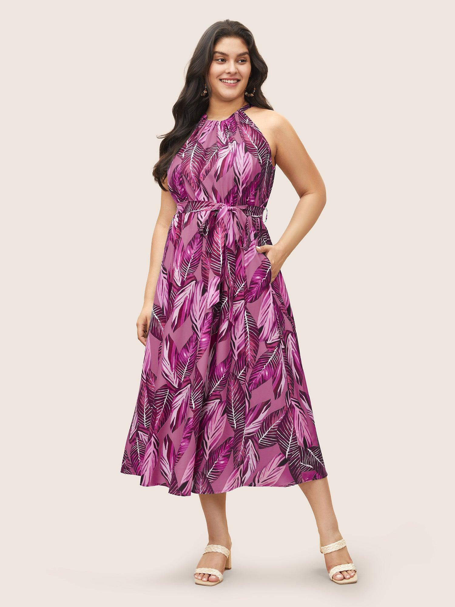 Tropical Print Knotted Pocket Ruffles Belted Halter Dress Female Product Image