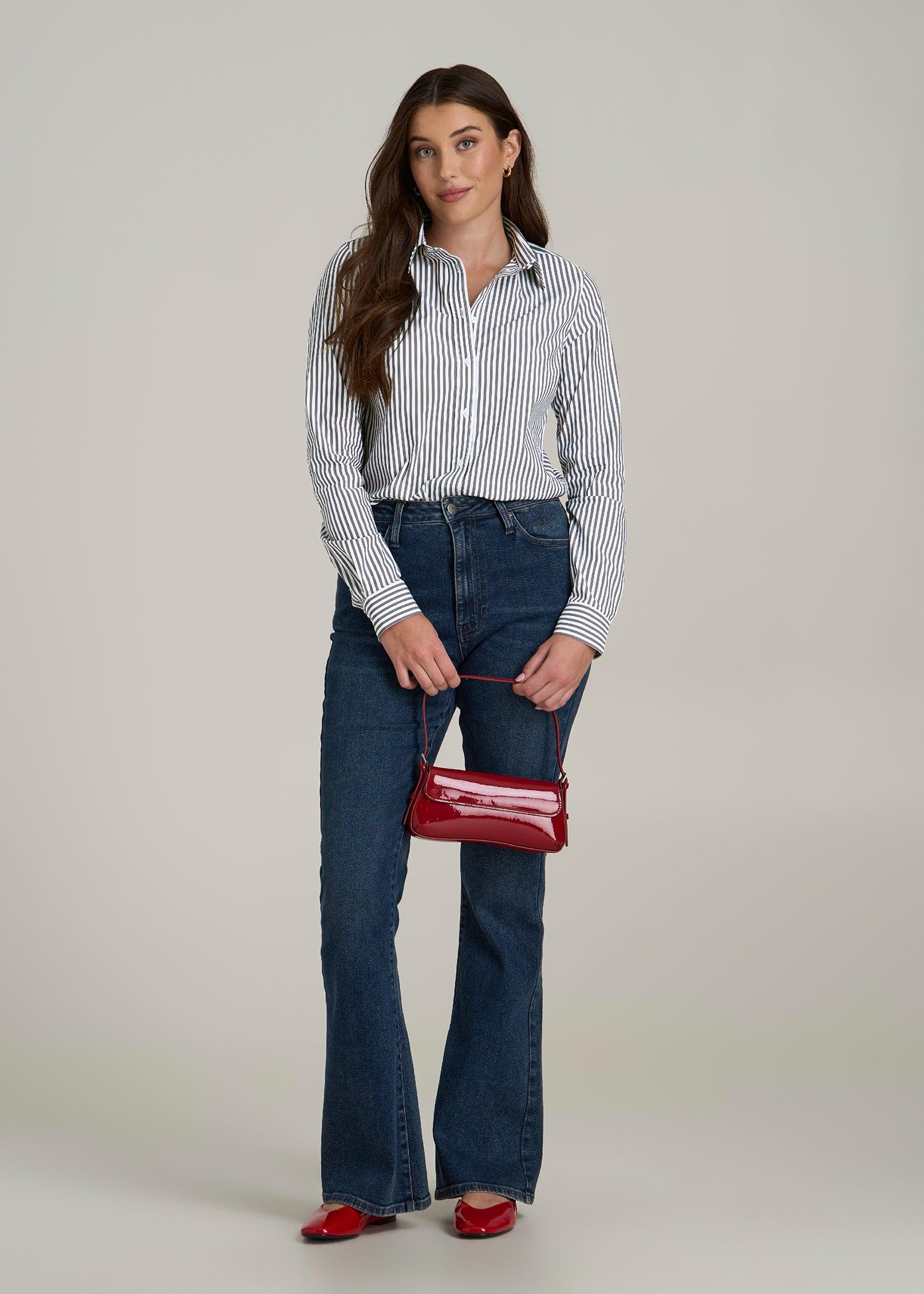 Slim Fit Button-Up Shirt for Tall Women in Grey and White Stripe Female Product Image