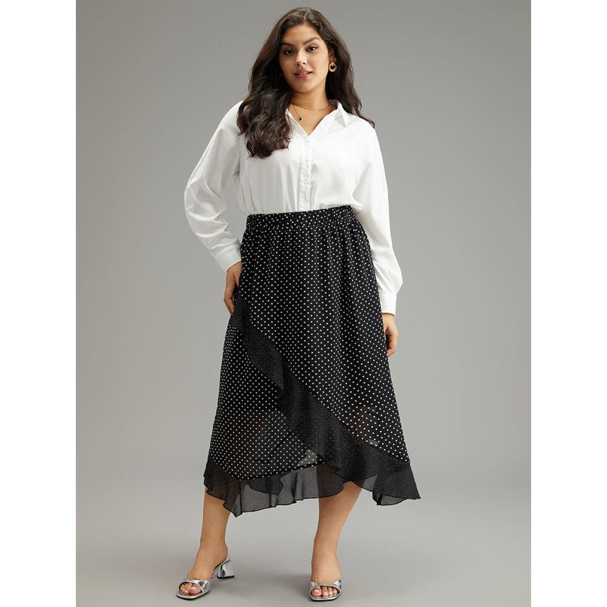 Plus Size Polka Dot Ruffles Elastic Waist Mesh Patchwork Skirt Women Black Elegant See through No stretch Dailywear Skirts BloomChic 22-24/3X Product Image