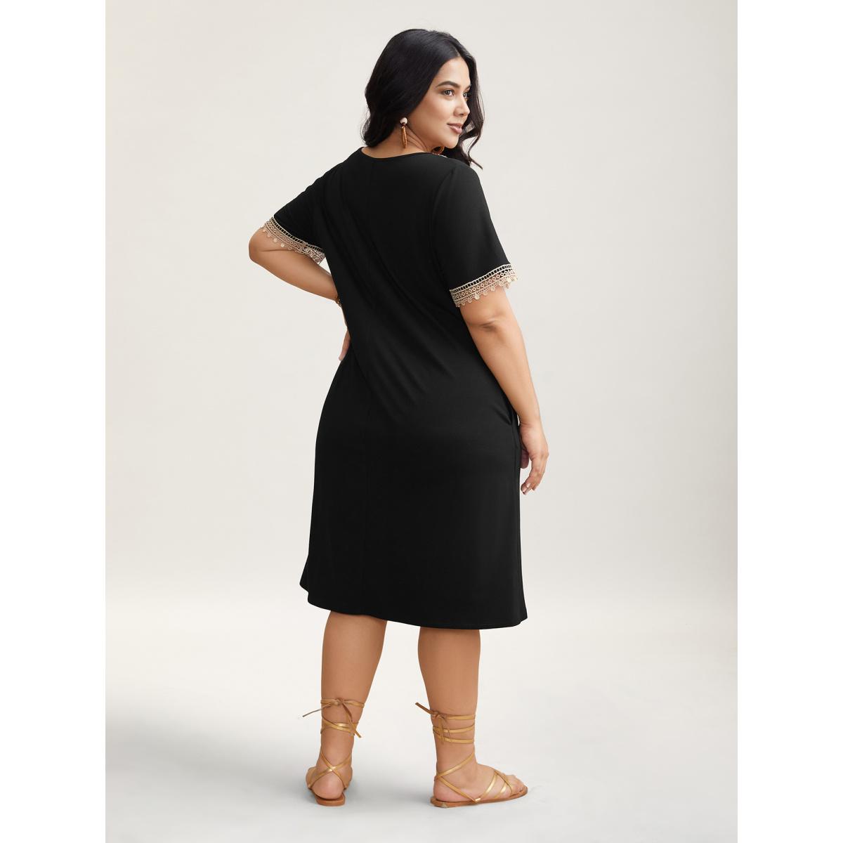 Plus Size Super Soft V-Neck Lace Midi Dress Black Women Boho Woven ribbon&lace trim Knit Dresses Bloomchic 18-20/2X Product Image