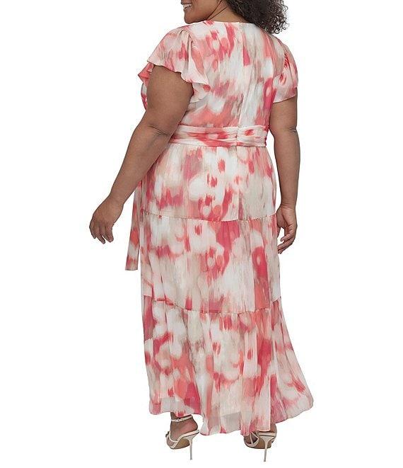 Donna Karan Plus Size V-Neck Flutter Sleeve Tiered A Line Dress Product Image