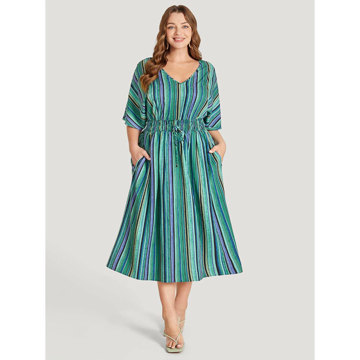 Plus Size Striped Contrast Pocket Knot Shirred Batwing Sleeve Dress Green Women Vacation Gathered V-neck Short sleeve Curvy Midi Dress BloomChic 10/M Product Image