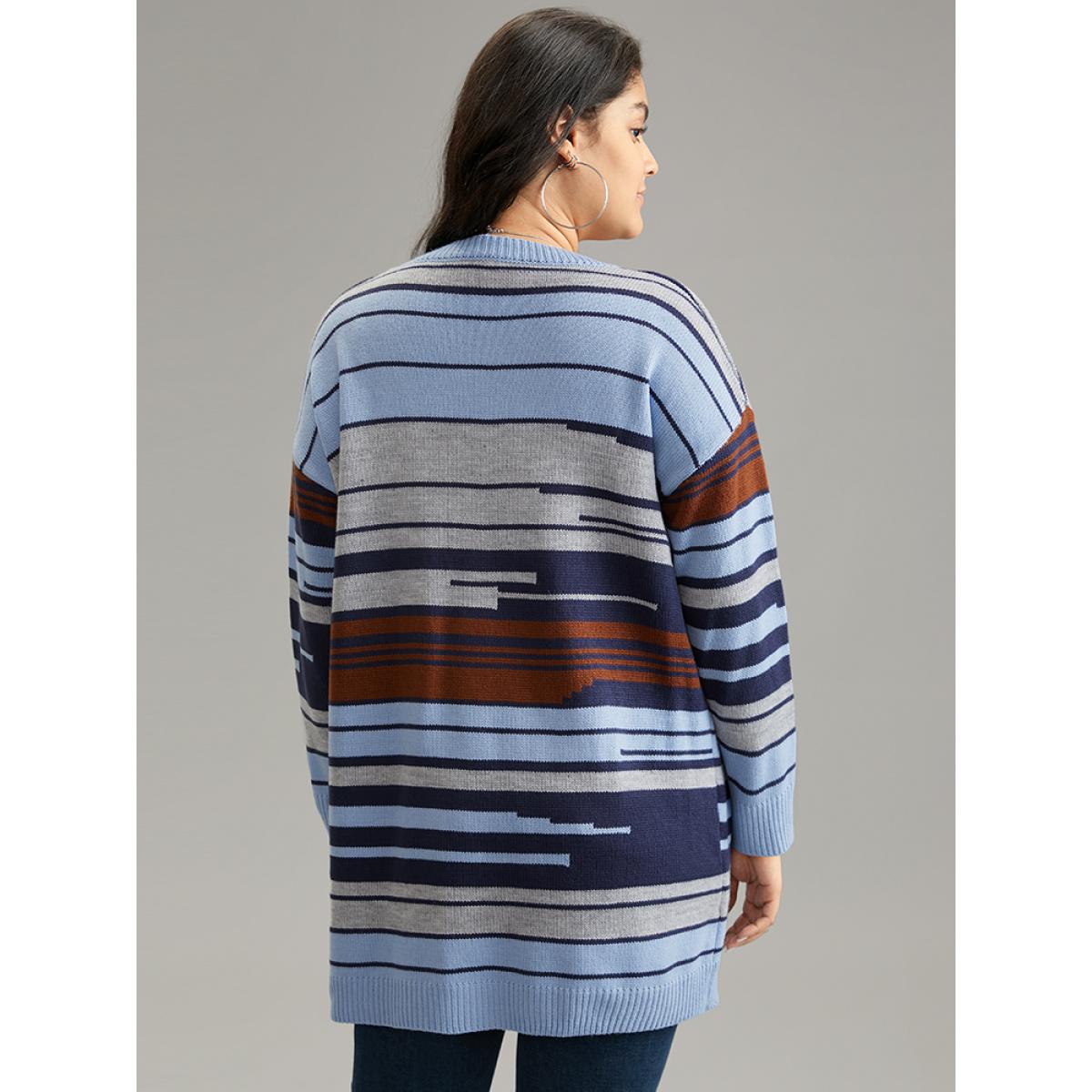 Plus Size Jacquard Asymmetrical Colorblock Contrast Cardigan Stone Women Casual Loose Long Sleeve Dailywear Cardigans BloomChic 10/M Product Image