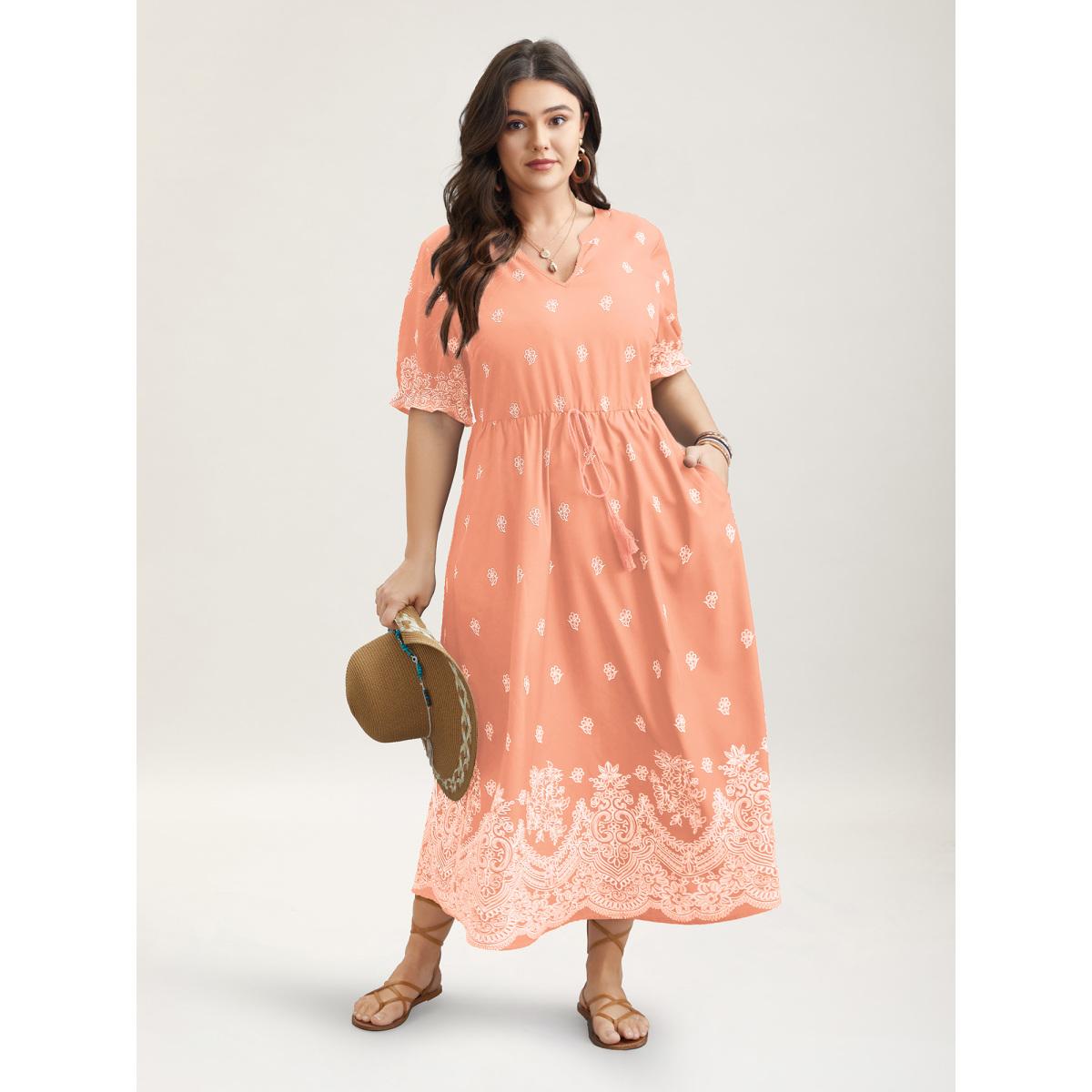 Plus Size Floral Waist-Tie Notched Collar Midi Dress Nudepink Women Boho Ruffles Notched collar Half Sleeve Curvy BloomChic 30/6X Product Image