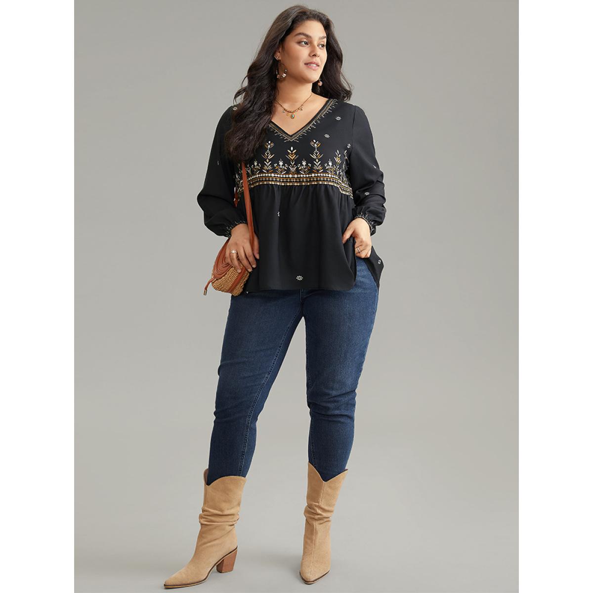 Plus Size Black Boho Print Lantern Sleeve Gathered Blouse Women Vacation Long Sleeve V-neck Vacation Blouses BloomChic 18-20/2X Product Image