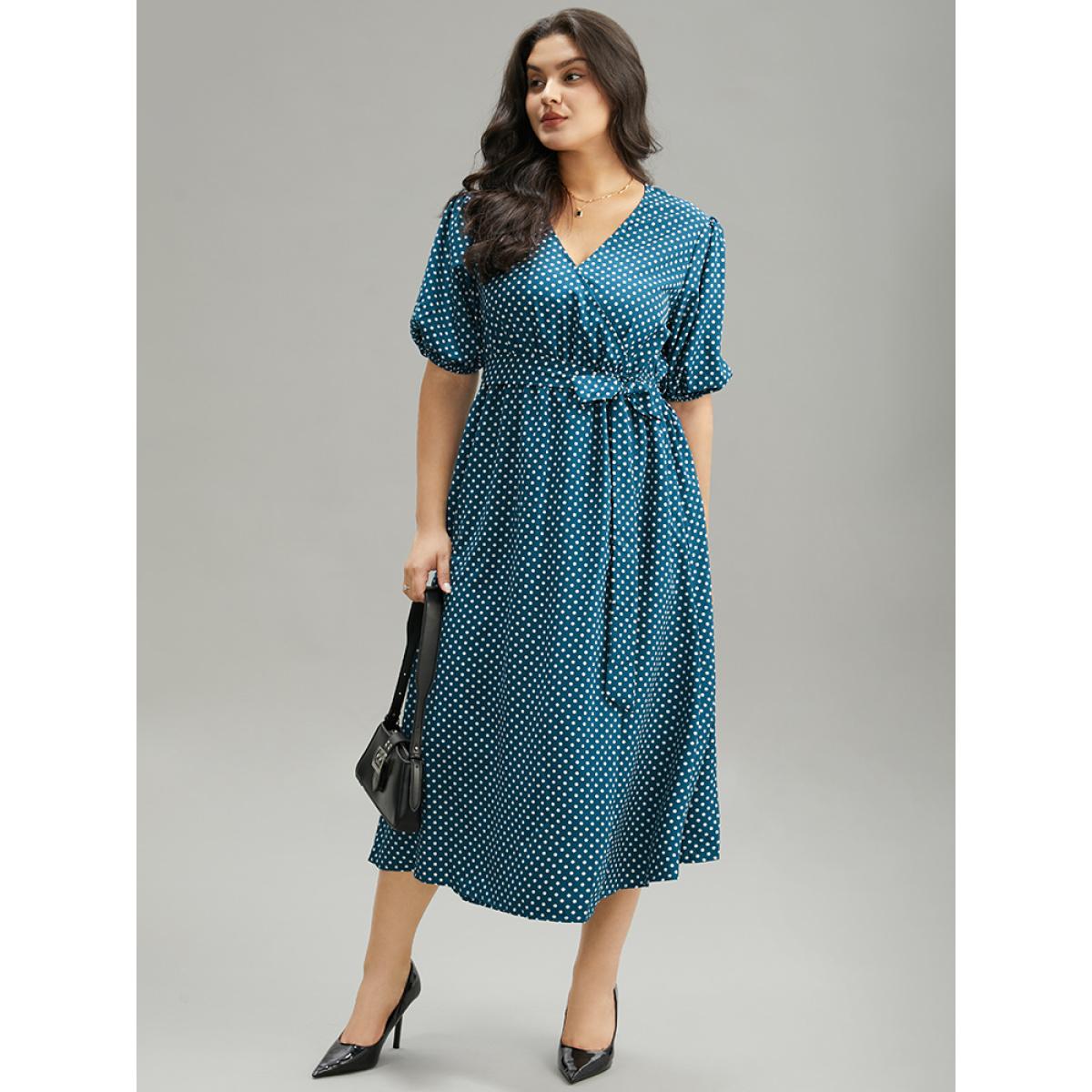 Plus Size Polka Dot Belted Lantern Sleeve Surplice Neck Dress Aegean Women Office Elastic cuffs V-neck Short sleeve Curvy Midi Dress BloomChic 14-16/1X Product Image