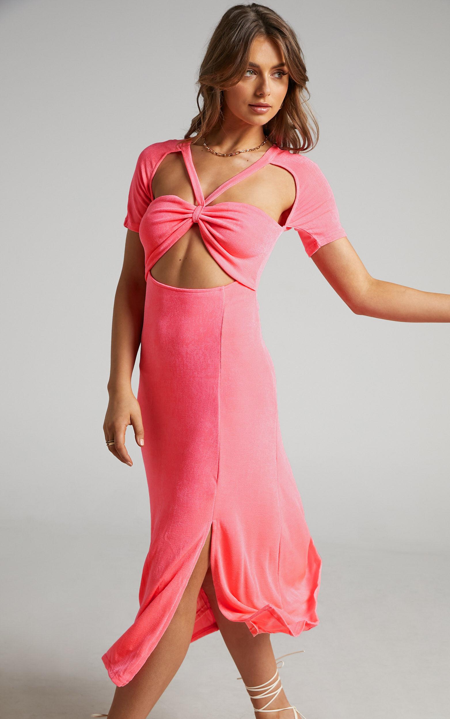 Lyanna Midi Dress - Cut Out Dress in Neon Pink Product Image