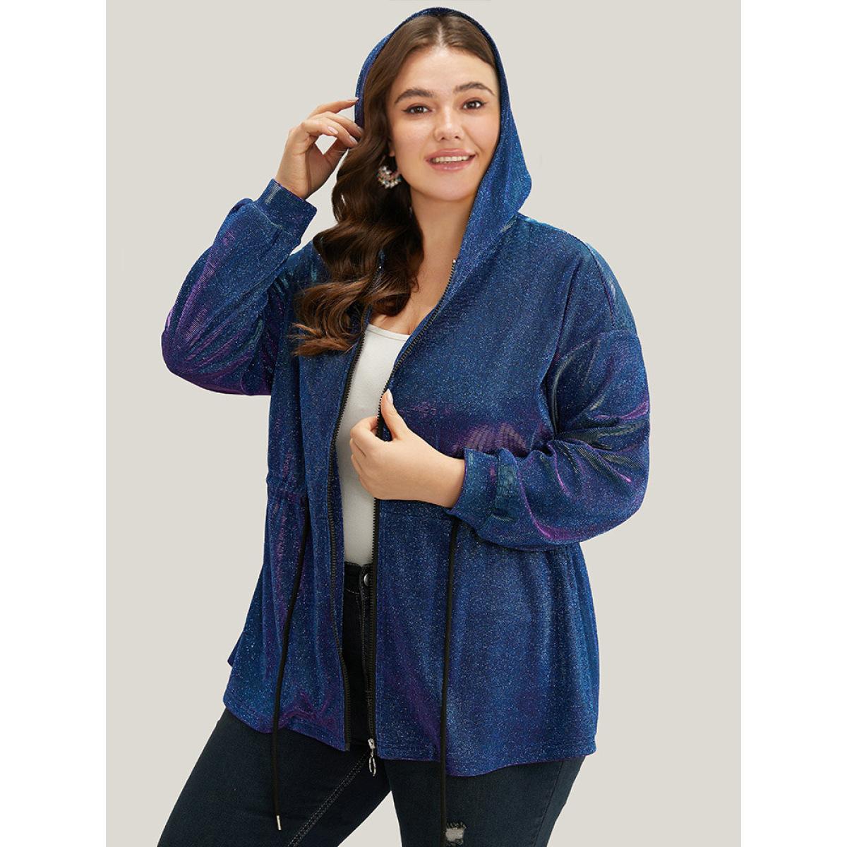 Plus Size Glitter Plain Drawstring Zipper Knot Hooded Coat Women Purple Elastic cuffs Dailywear Jackets BloomChic 18-20/2X Product Image