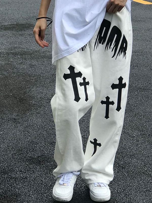 Men's White Wash Cross Pattern Straight Leg Jeans Product Image