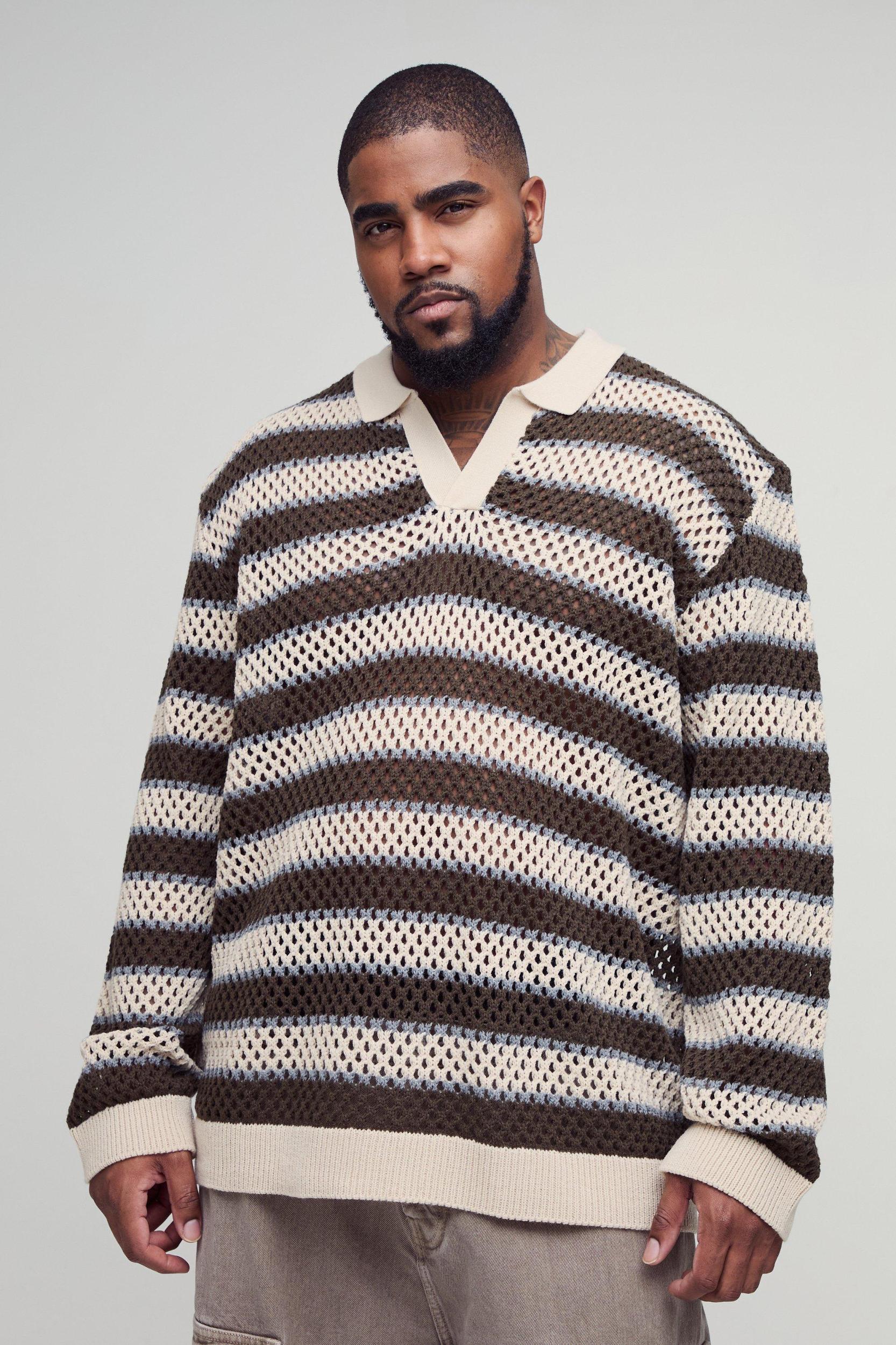 Plus Stripe Knitted Rugby Polo | boohooMAN USA Product Image