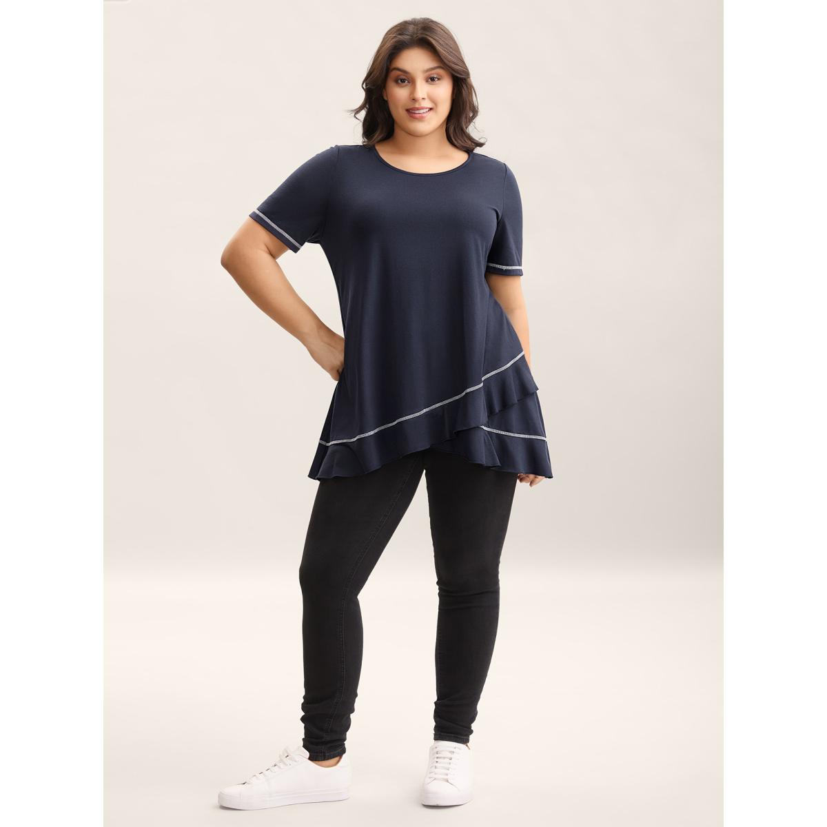 Plus Size Overlap Hem Round Neck T-Shirt Indigo Women Topstitching Round Neck Loose Everyday-Casual T-shirts BloomChic 30/6X Product Image