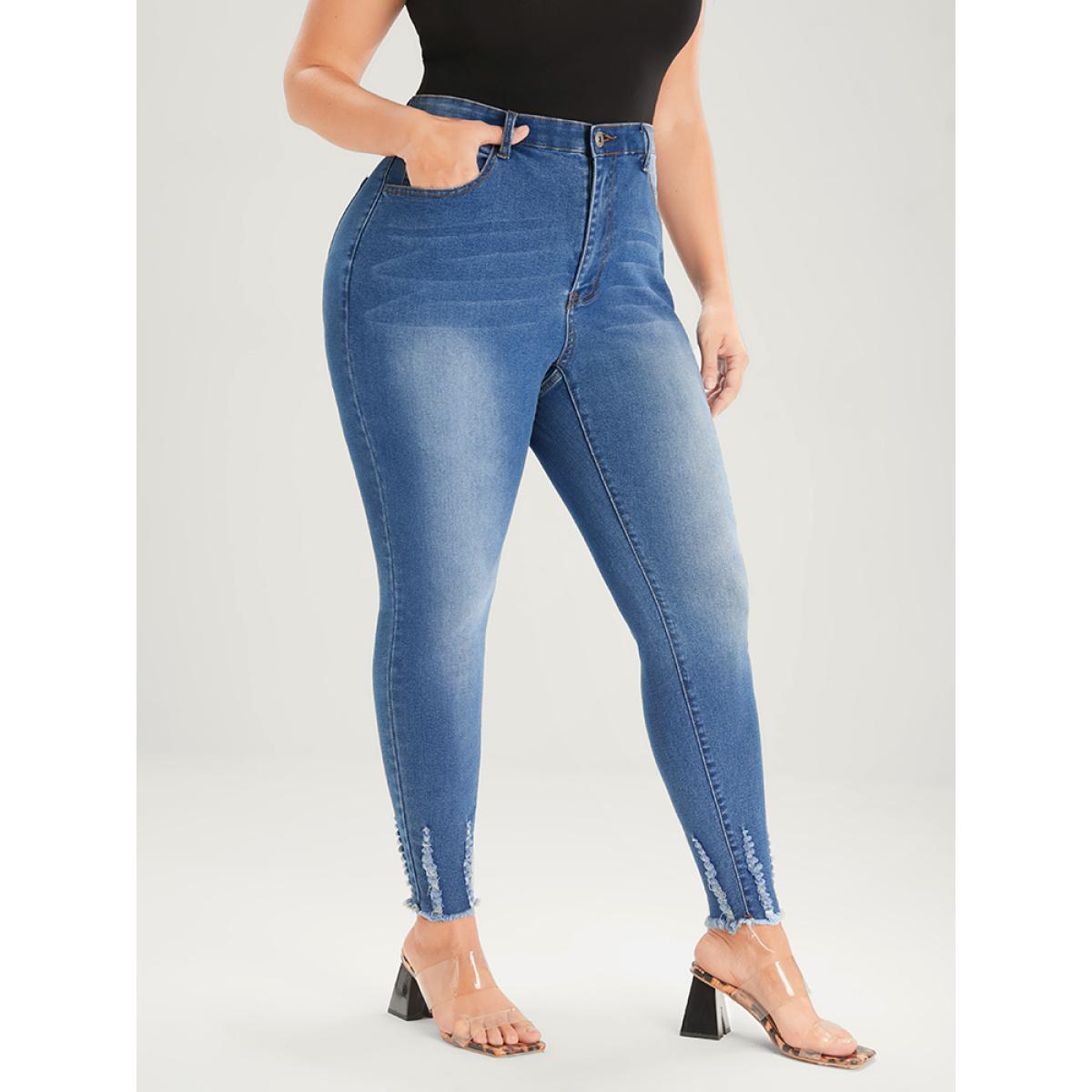 Plus Size Skinny Very Stretchy Mid Rise Medium Wash Pocket Jeans Women Blue Casual Plain Pocket High stretch Pocket Jeans BloomChic 14/1X Product Image
