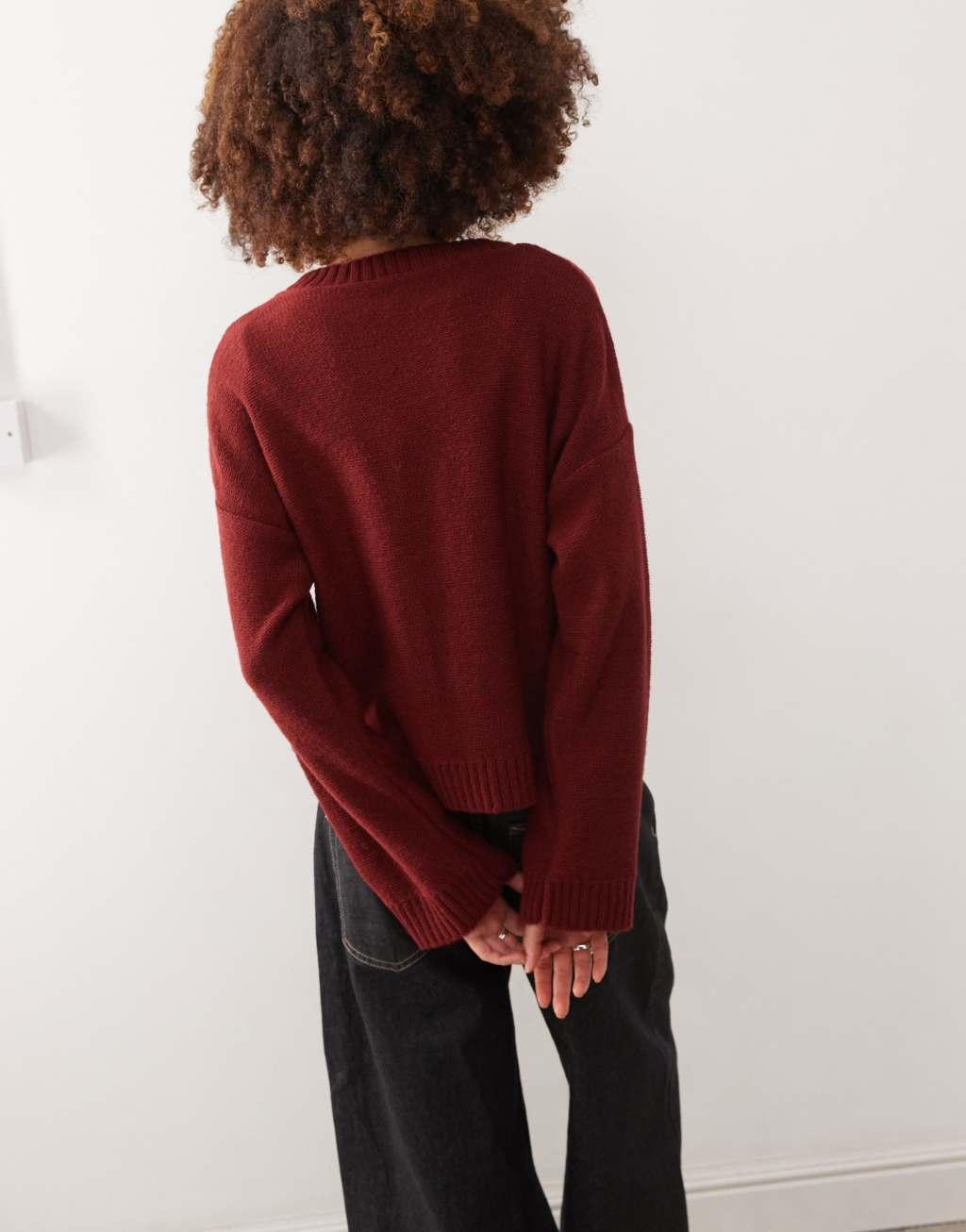 Reclaimed Vintage tie front cardigan in burgundy Product Image