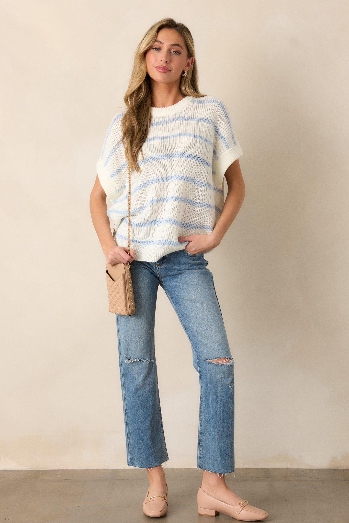 Where You Belong White & Blue Stripe Short Sleeve Sweater Top Product Image