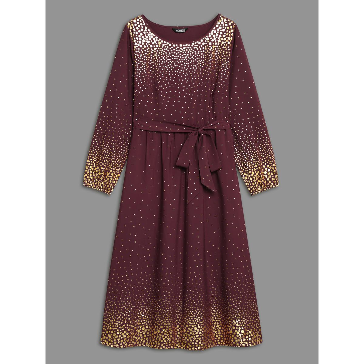 Plus Size Glitter Round Neck Belted Lantern Sleeve Dress Plum Women Party&Cocktail Texture Party Curvy Bloomchic 10/M Product Image