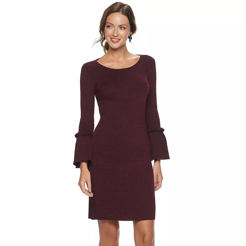 Women's Nina Leonard Bell Sleeve Ribbed Sweater Dress, Size: Medium, Red Team Product Image
