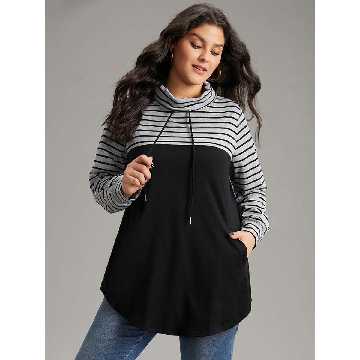 Plus Size Mock Neck Striped Patchwork Drawstring Sweatshirt Women Black Casual Contrast Mock Neck Everyday Sweatshirts BloomChic 18-20/2X Product Image