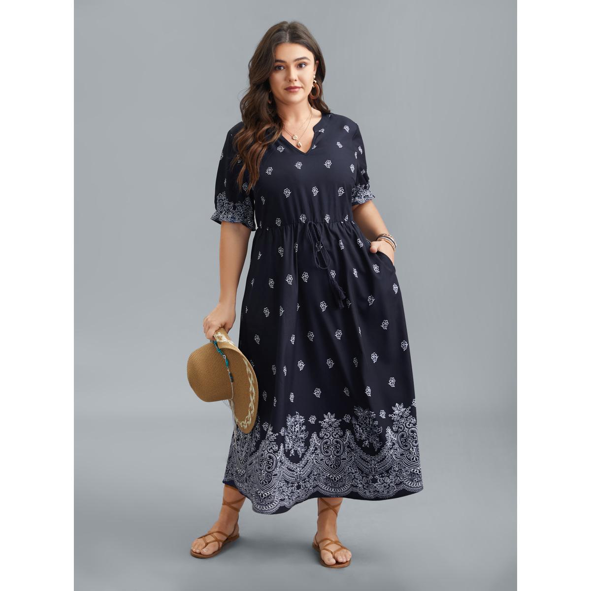 Plus Size Floral Waist-Tie Notched Collar Midi Dress Indigo Women Boho Ruffles Notched collar Half Sleeve Curvy BloomChic 18-20/2X Product Image