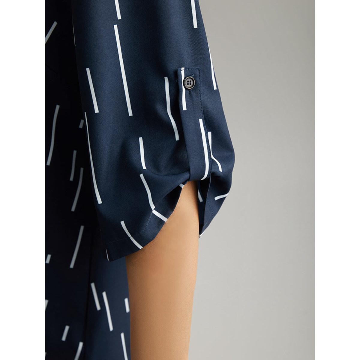 Plus Size Indigo Geometric Shirt Collar Roll Tab Sleeve Blouse Women Office Elbow-length sleeve Shirt collar Office Blouses BloomChic 14-16/1X Product Image