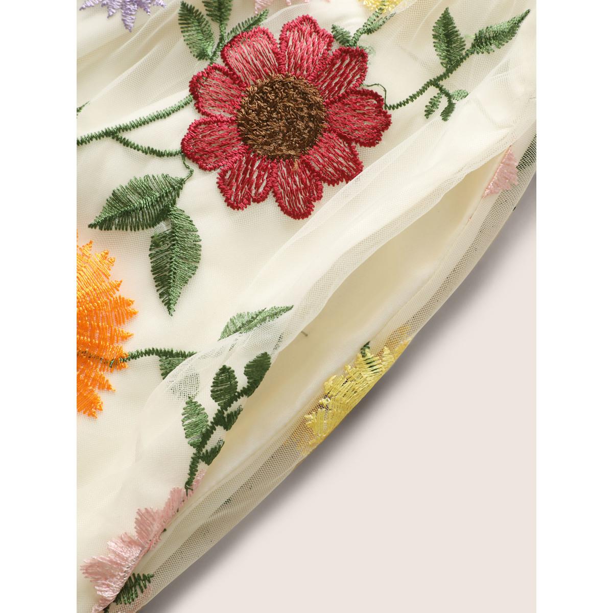 Plus Size V Neck Floral Embroidered Mesh Cami Dress Ivory Women Formal Embroidered V-neck Sleeveless Curvy BloomChic 22-24/3X Product Image