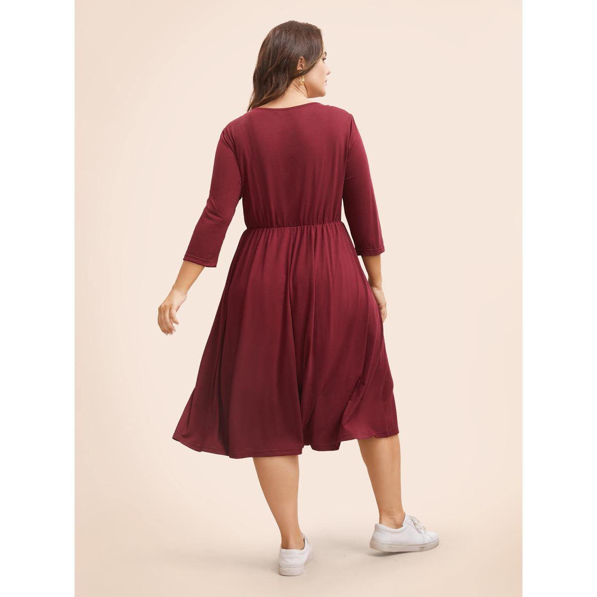 Plus Size Solid V Neck Elastic Waist Midi Dress Burgundy Women Casual Non V-neck Elbow-length sleeve Curvy BloomChic 10/M Product Image