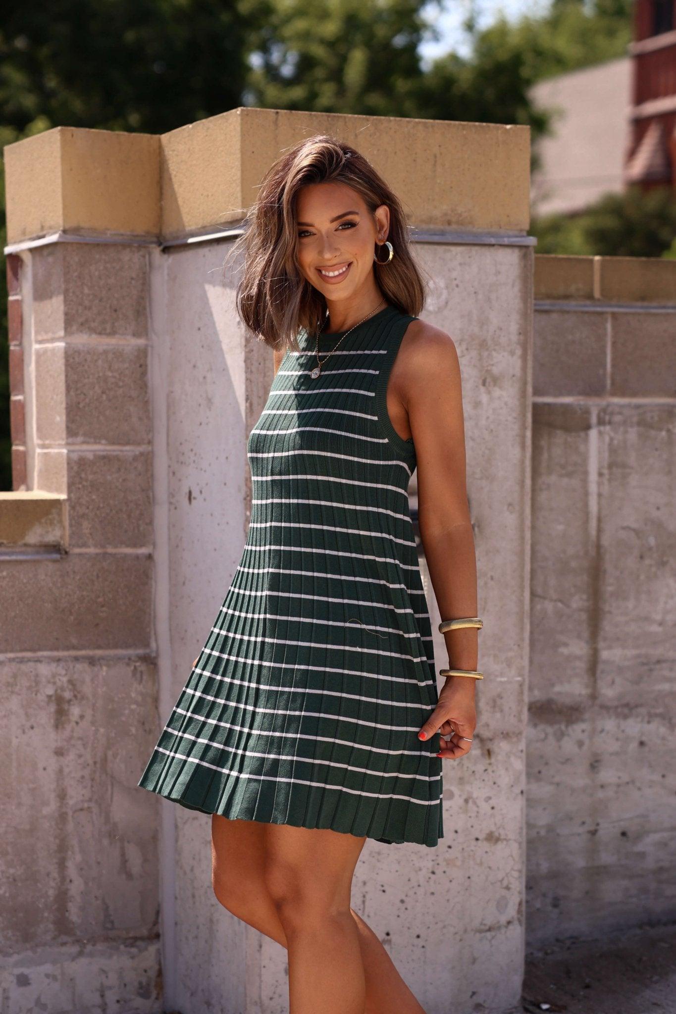 Green Stripe Pleated Mini Dress - DOORBUSTER Product Image