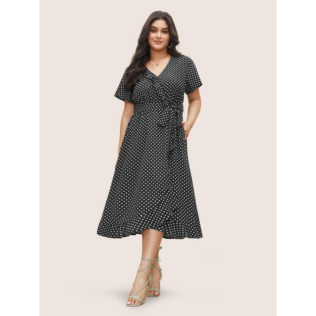 Plus Size Polka Dot Flutter Trim Belted Overlap Collar Dress Black Women Elegant Non Overlap Collar Short sleeve Curvy Midi Dress BloomChic 30/6X Product Image