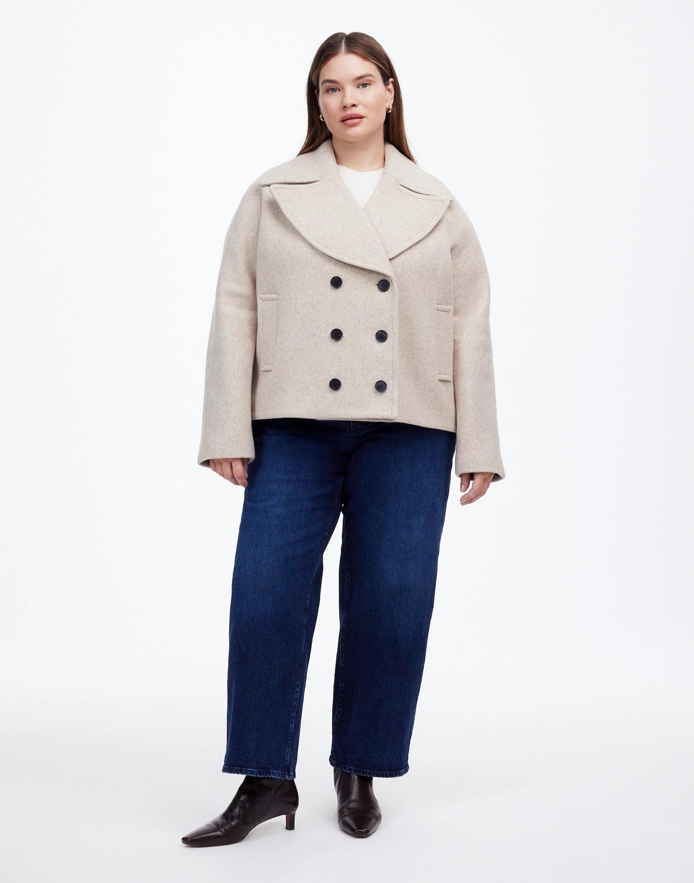 Plus Oversized-Collar Short Peacoat in Herringbone Product Image