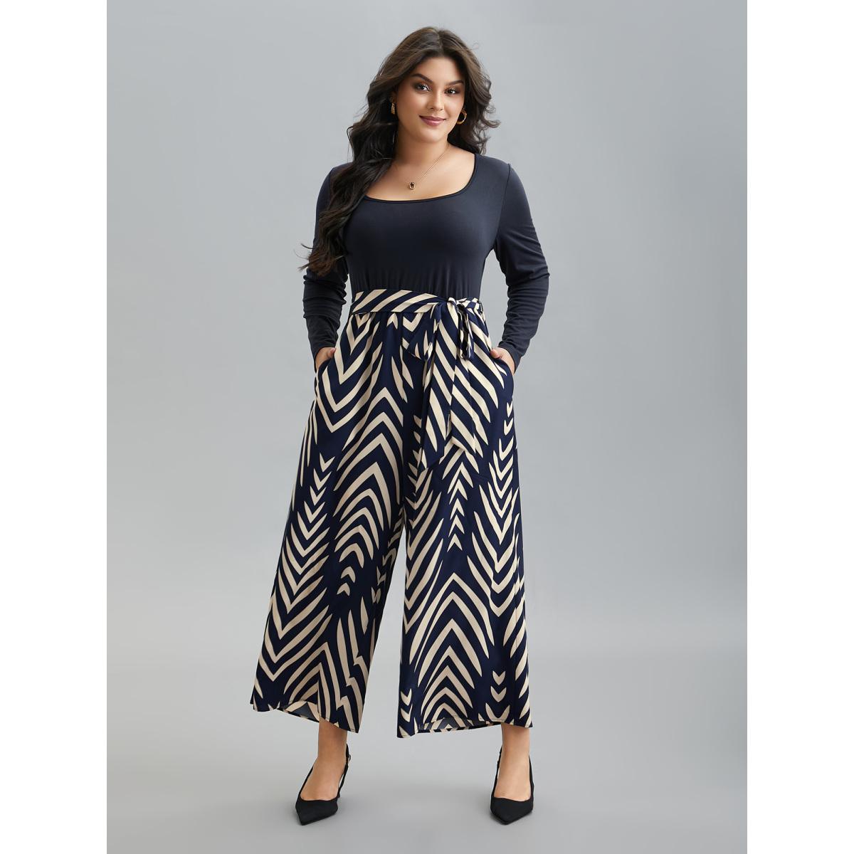 Plus Size DarkBlue Supersoft Geometric Block Stretchy-Waist Jumpsuit Women Elegant Long Sleeve Square Neck Everyday-Elegant Loose Jumpsuits BloomChic 28/5X Product Image